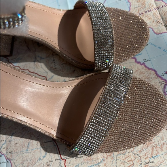 Womens Chunky Heel Single Band Platform Rhinestone Dress Sandals Rose Gold 8 - Picture 2 of 8